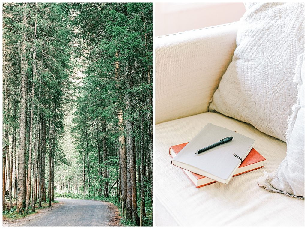 the pine trees in the woods in Arizona, and a journal and a pen on a white couch