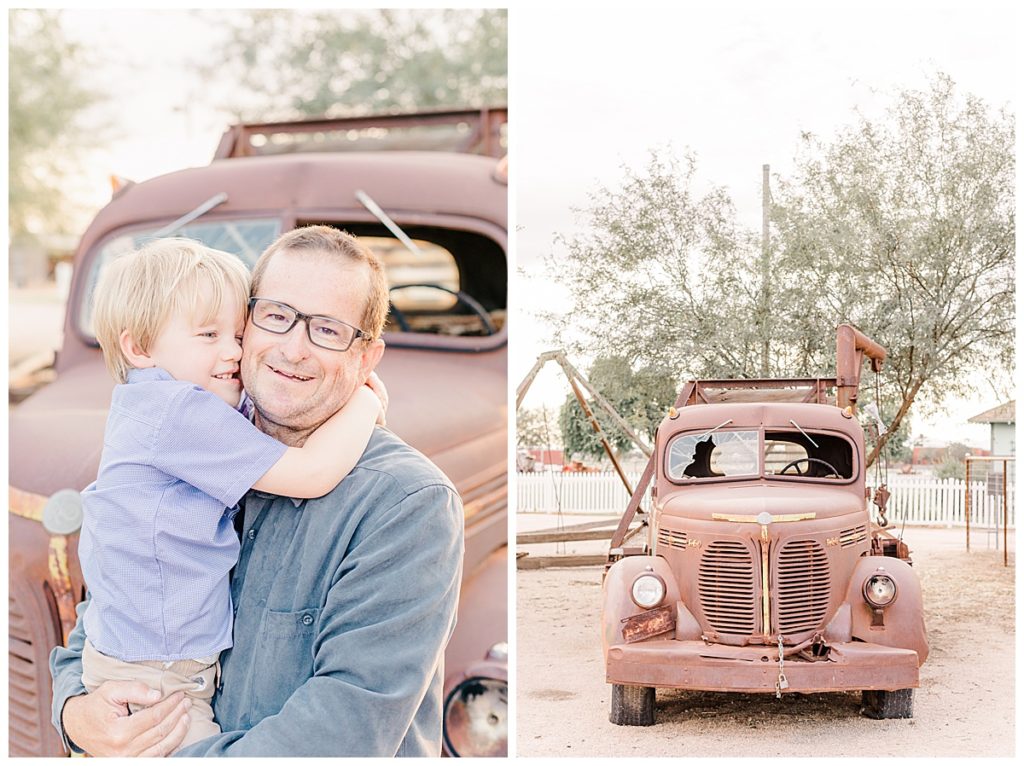 little boy hugging his dad in front of an old rustic truck at Tumbleweed Park in Chandler Arizona, Jette's Family Photos