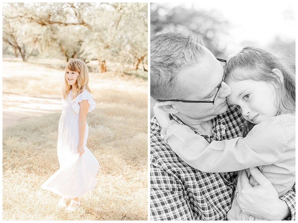 little girl twirling in a white dress at Coons Bluff and black and white photo of Dad and daughter snuggling