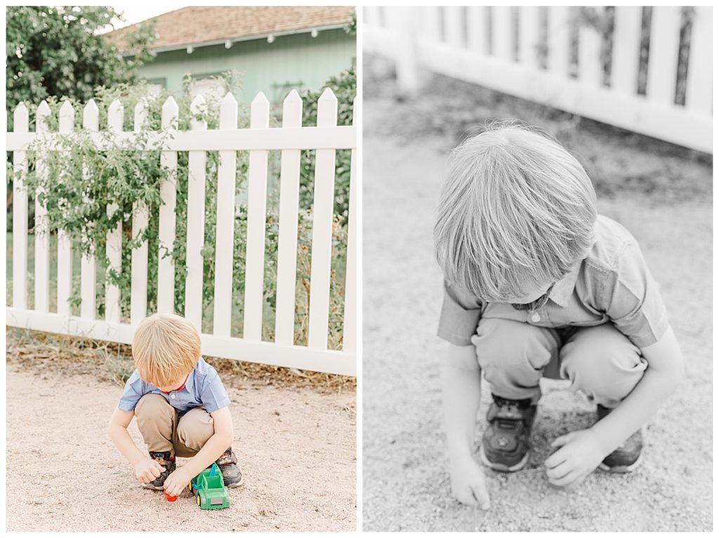 ‘Perfectly Candid' Photos of a little boy playing with his toy truck in the dirt at Tumbleweed Park