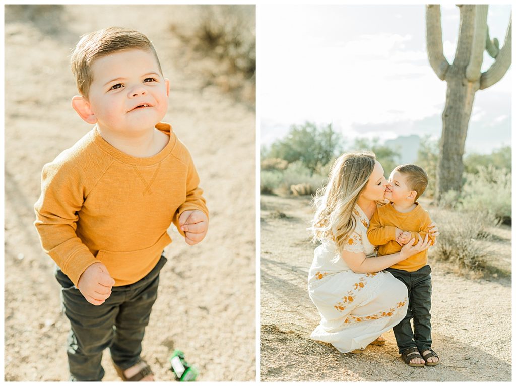 little boy giving mom a kiss, Arizona Desert Maternity Session