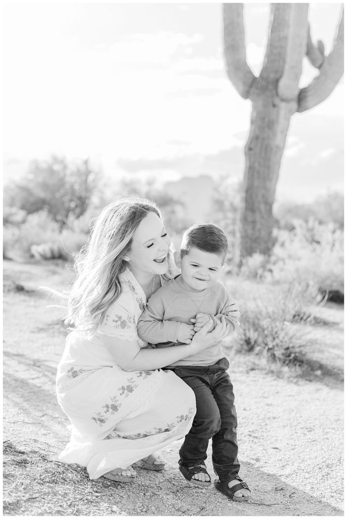 black and white of mom and little boy laughing | Sanchez family photos