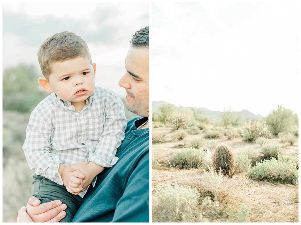 little boy in Dad's arms, Sanchez Family photos at Coons Bluff | Arizona Desert Maternity Session