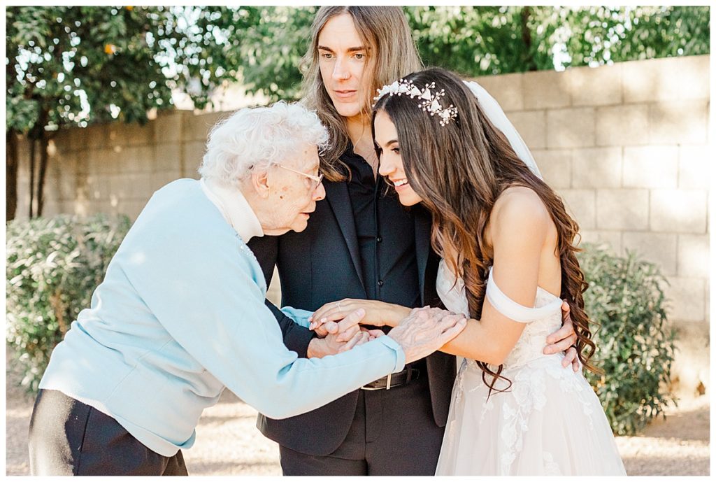 Candice & Joel's talking with Grandparents at Private Estate Scottsdale Wedding 