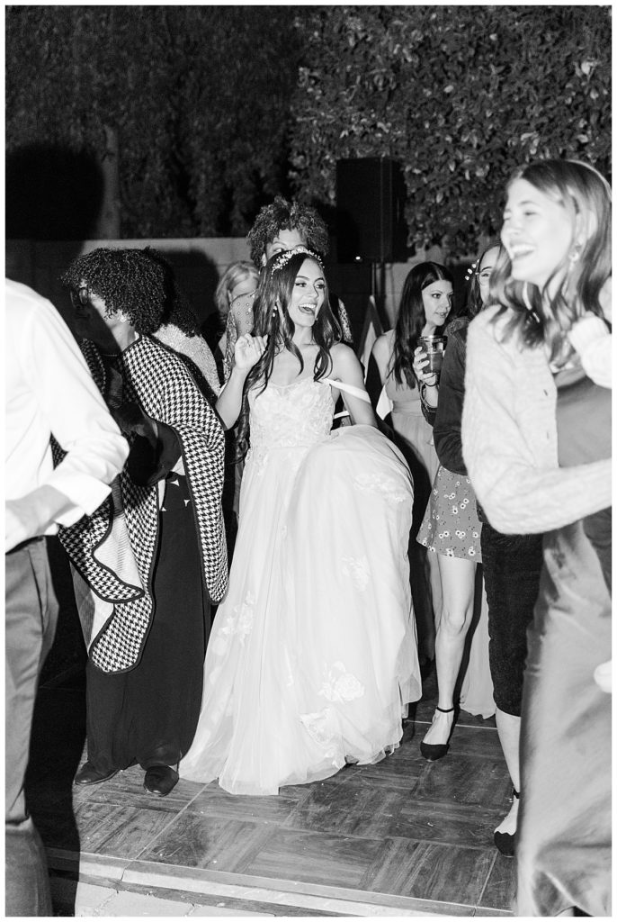 Black and White Photo of the bride Dancing at Candice and Joel's Private Estate Scottsdale Wedding and reception