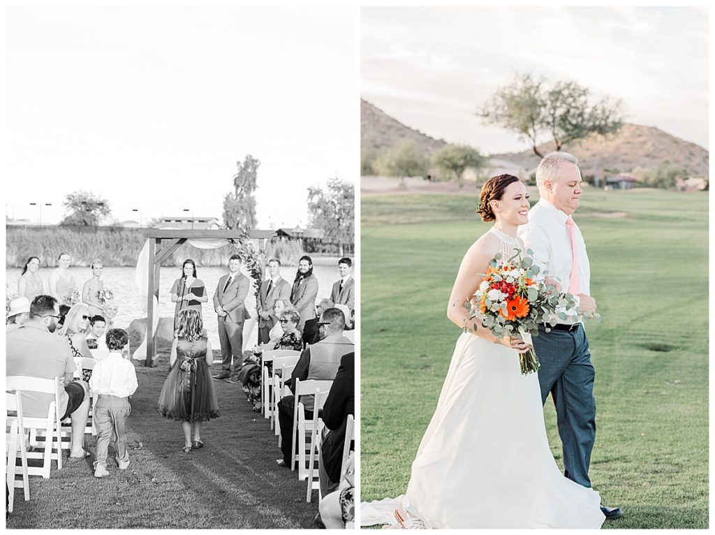Flower girl and ring bearer and bride with her father walking down the isle at Natalie & Steven's Wedding Ceremony at the Golf Club at Johnson Ranch Wedding | Gilbert, Arizona
