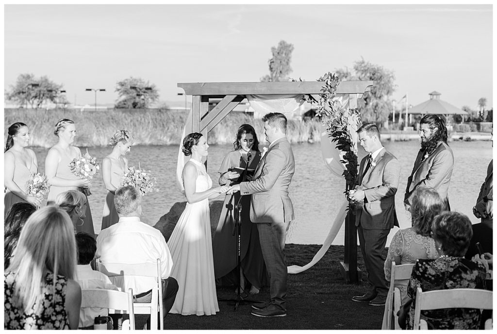 Black and white photo of Natalie & Steven's Wedding Ceremony at the Golf Club at Johnson Ranch Wedding | Gilbert, Arizona