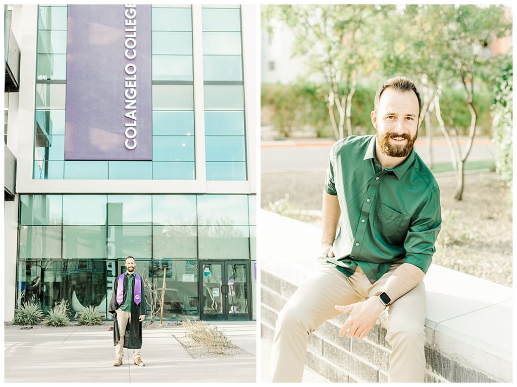 GCU Senior Photos, in cap and gown standing in from of Colangelo business college