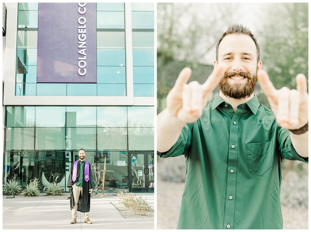 GCU Senior Photos,  in cap and gown standing in from of Colangelo business college, Lopes Up!!
