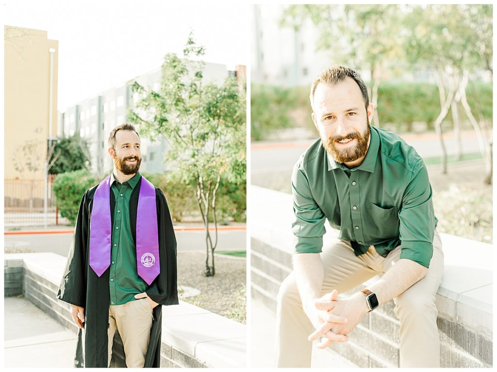 GCU Light & Airy senior photos, wearing cap and gown