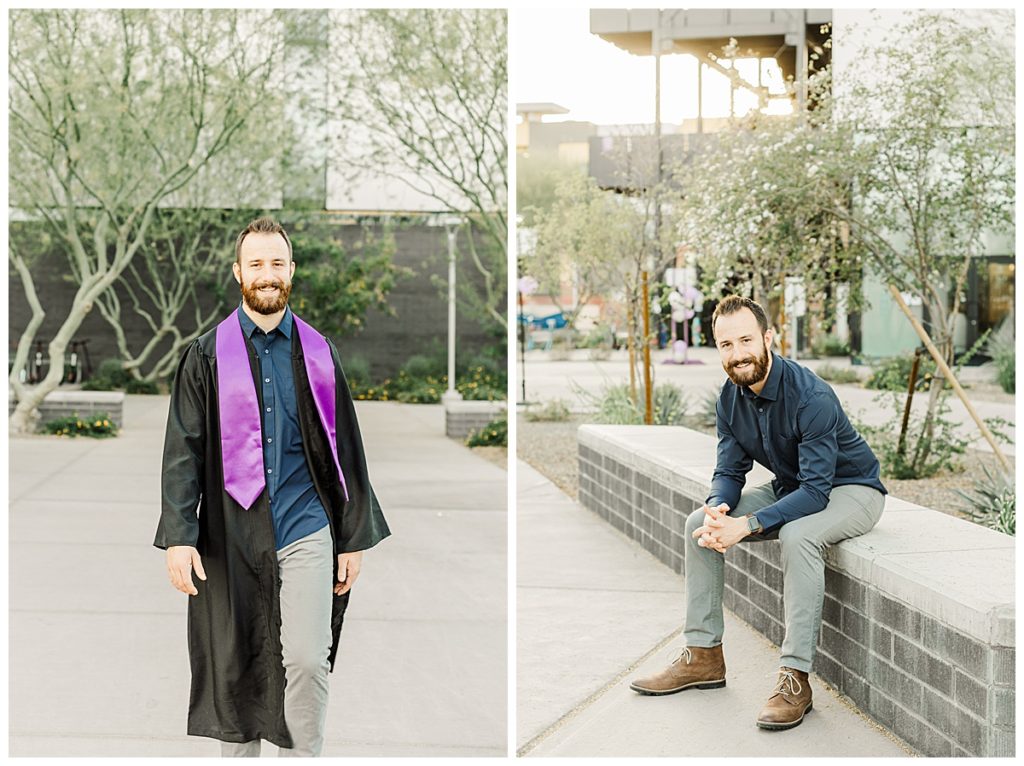 GCU Light & Airy senior photos, wearing cap and gown and walking on GCU campus
