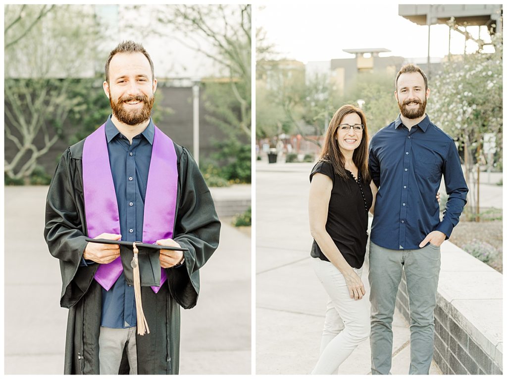 Adam's GCU Light & Airy senior photos, standing with his mom, wearing cap and gown