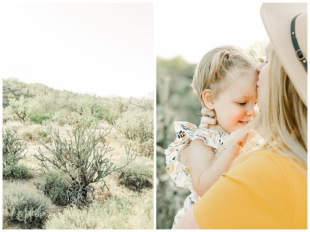 Mom kissing little girl on the forehead, Coons Bluff family session, Arizona Desert Maternity Session
