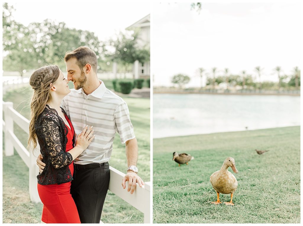 Engagement session at Morrison Ranch, couple leaning on fence and laughing, ducks by lake