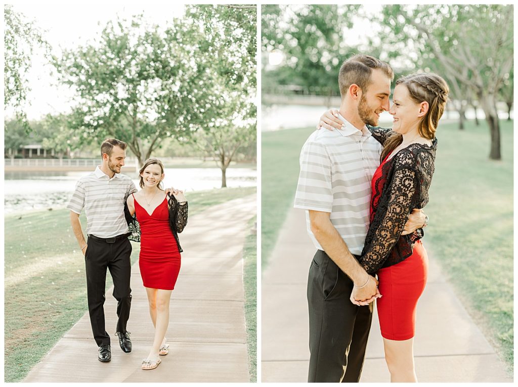 Couple walking down path at Morrison Ranch, Light and Airy Engagement photos