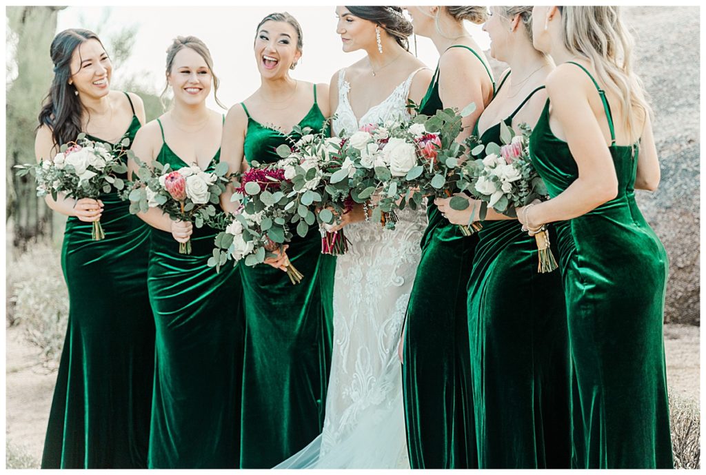 Chelsea & Kyle's Troon North Golf Club Wedding Bridal Party Photos | Emerald Green Bridesmaid Dresses & bouquets 