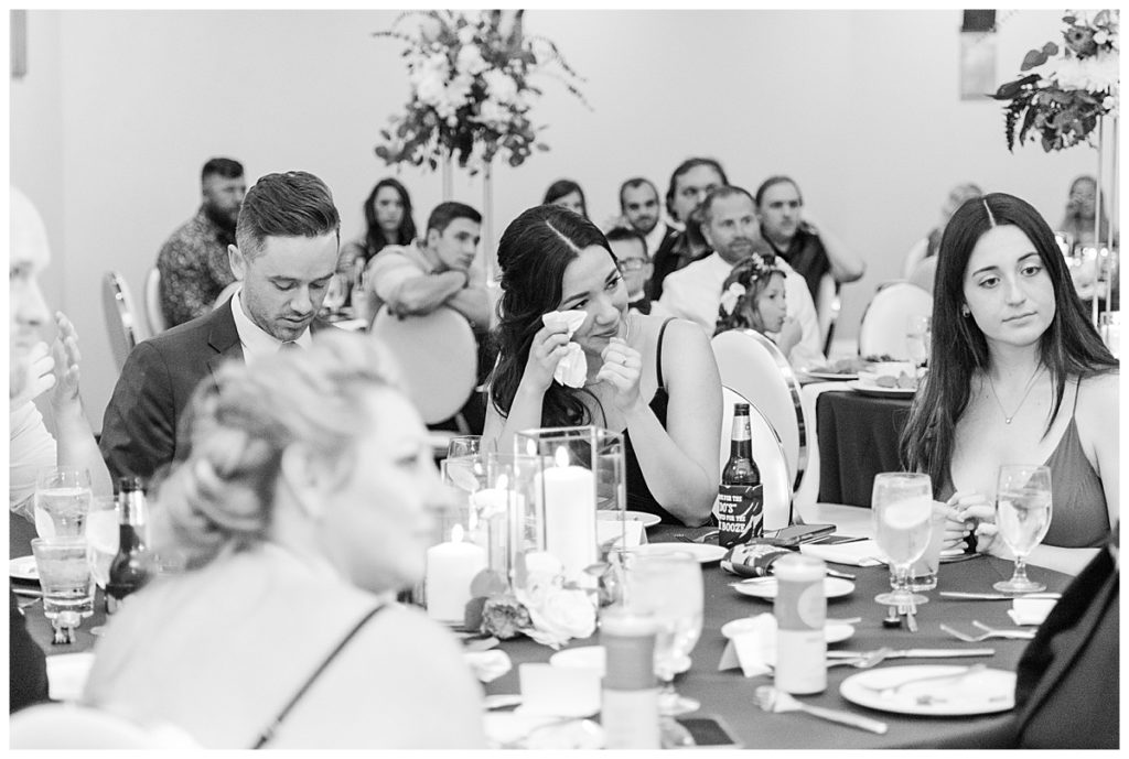 Chelsea & Kyle's Troon North Golf Club Reception | Toast, black and white, of guest tearing up