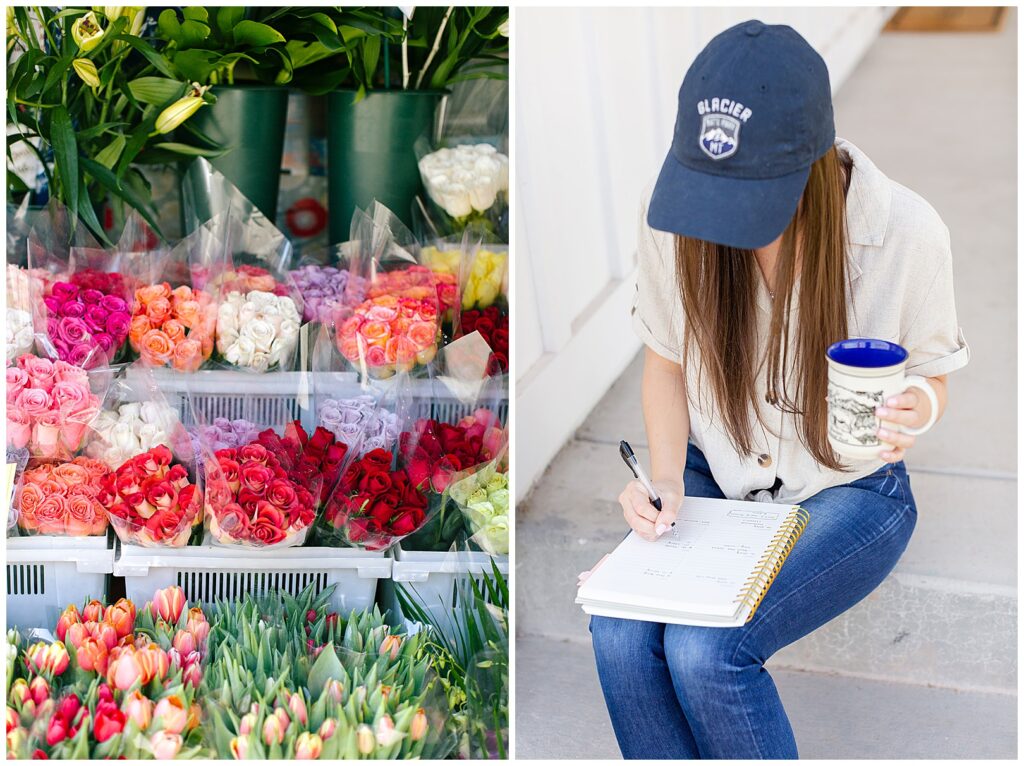 Flowers at a flower shop & Bethie Grondin wearing a blue glacier hat and planning her week